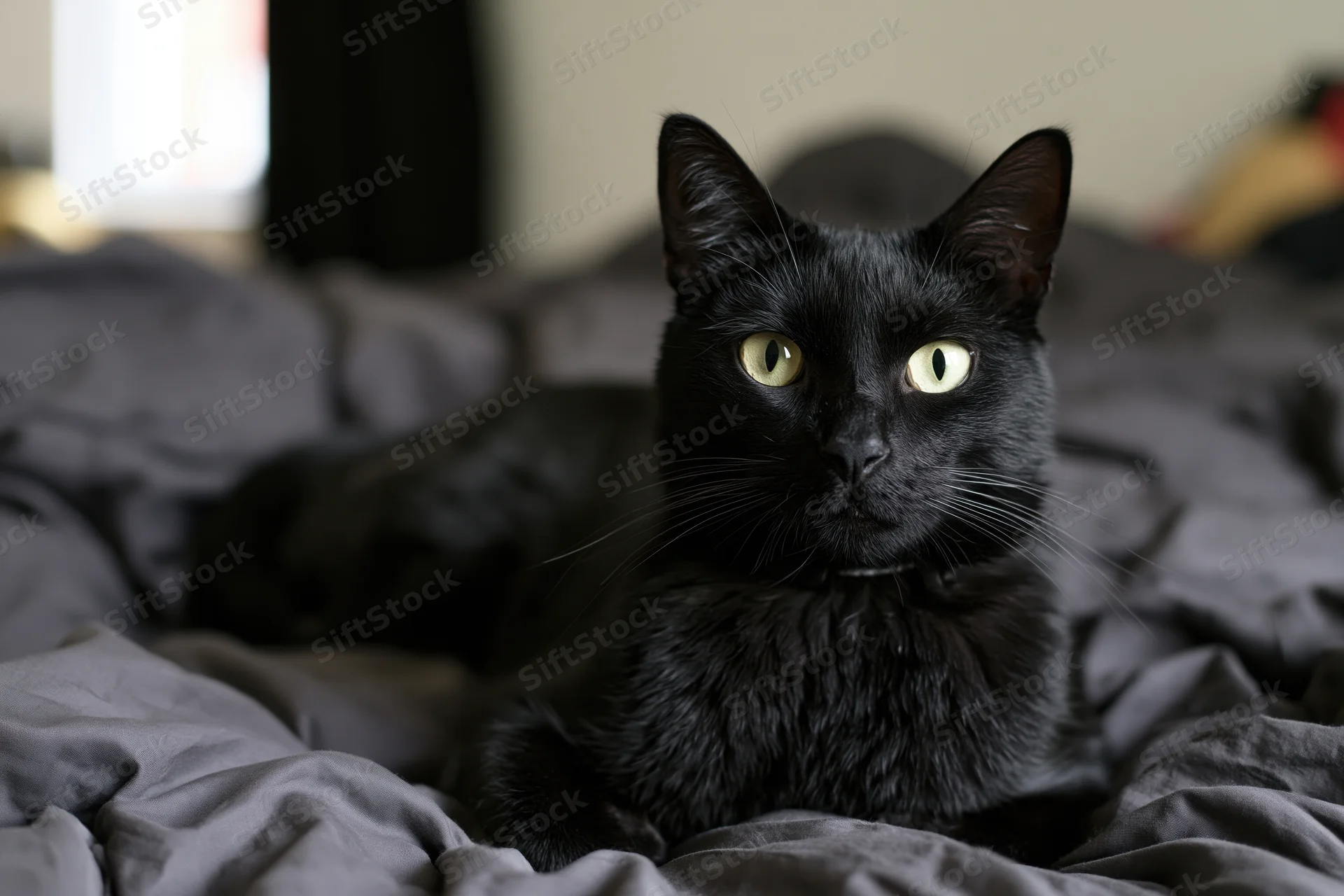 Black cat lying alert on rumpled gray sheets staring directly at camera in bedroom