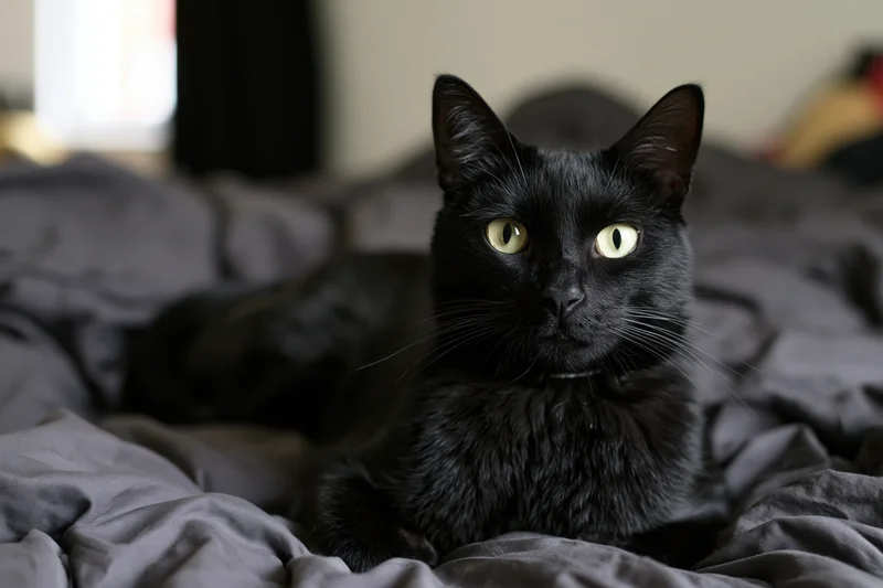 Black cat lying alert on rumpled gray sheets staring directly at camera in bedroom