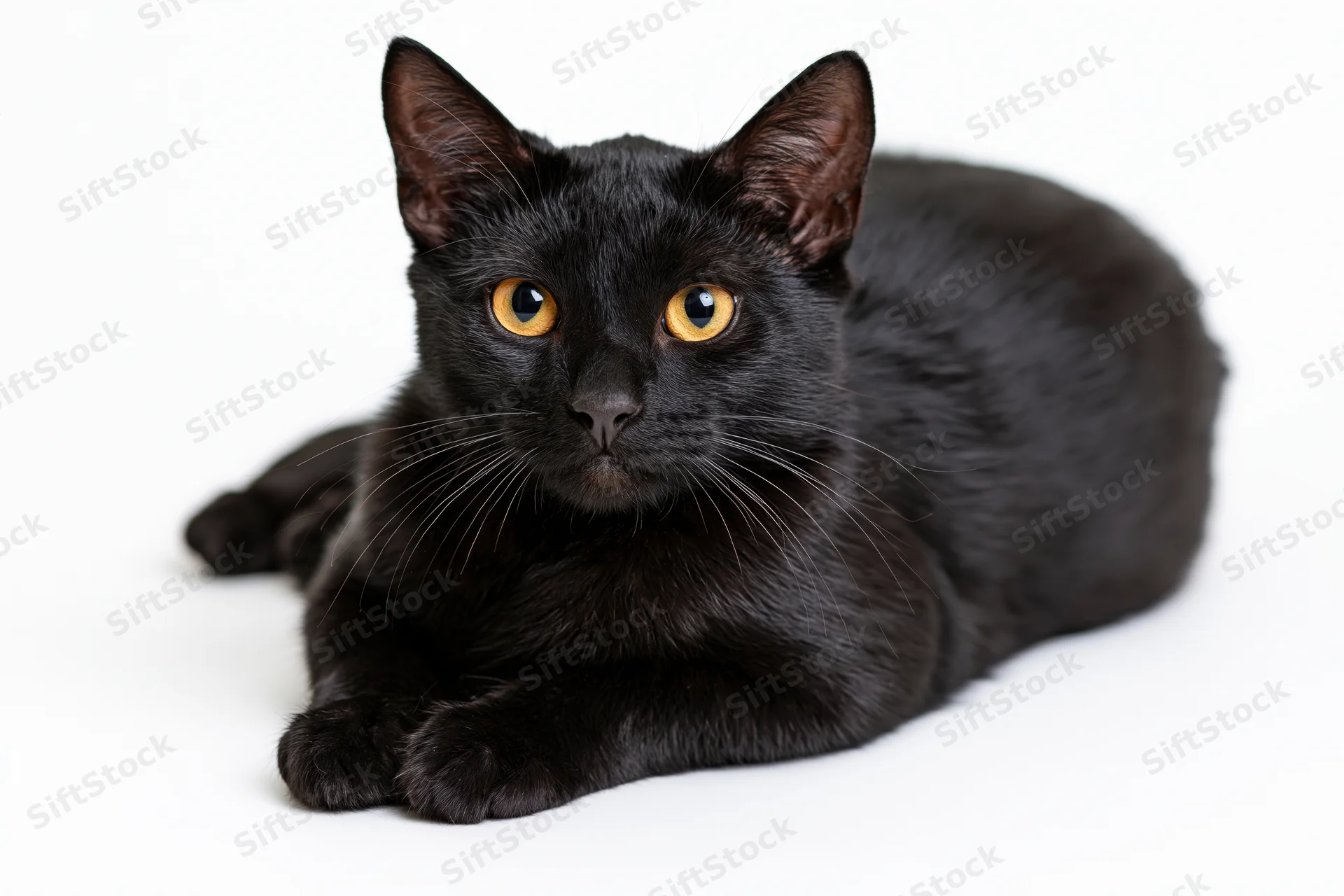 Black cat lying down with paws tucked under chest facing forward on white background