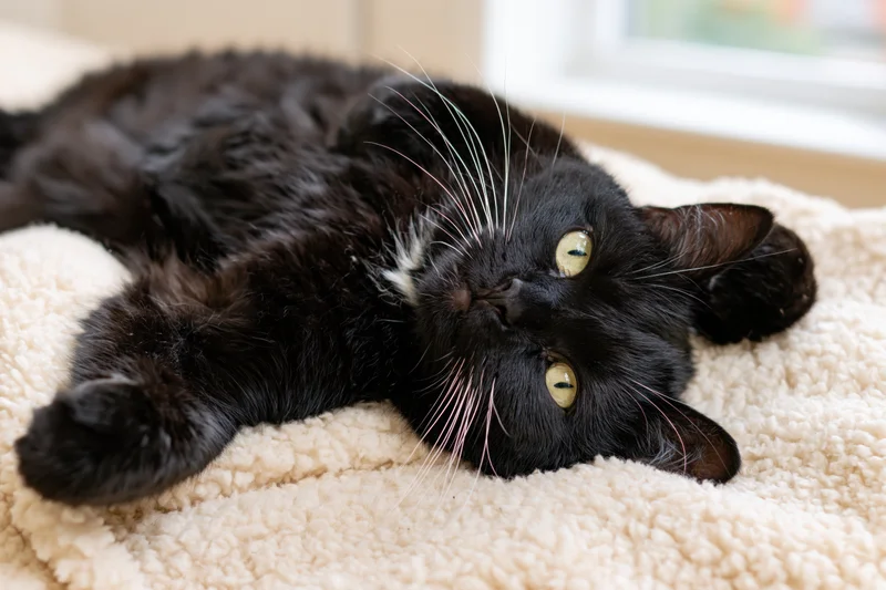 Black cat lying on its back on a soft cream fleece blanket indoors