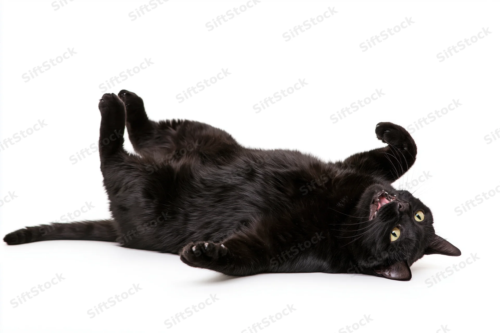 Black cat lying on its back with paws raised in a studio setting