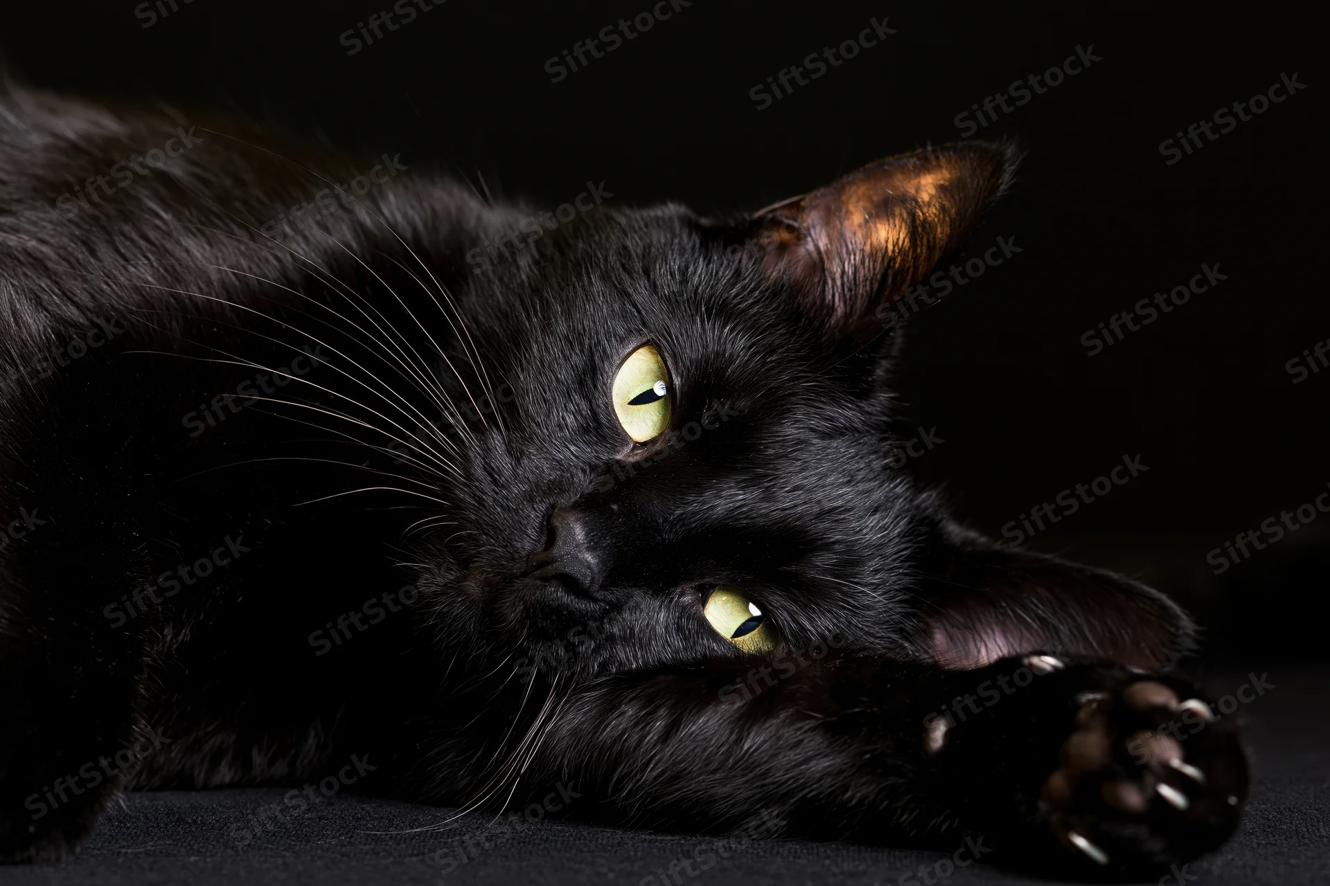 Black cat lying on its side gazing directly at camera with green eyes and extended paw