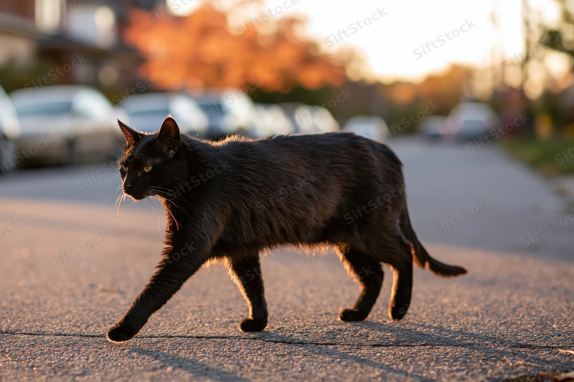 Black cat walking midstride across urban street at sunset
