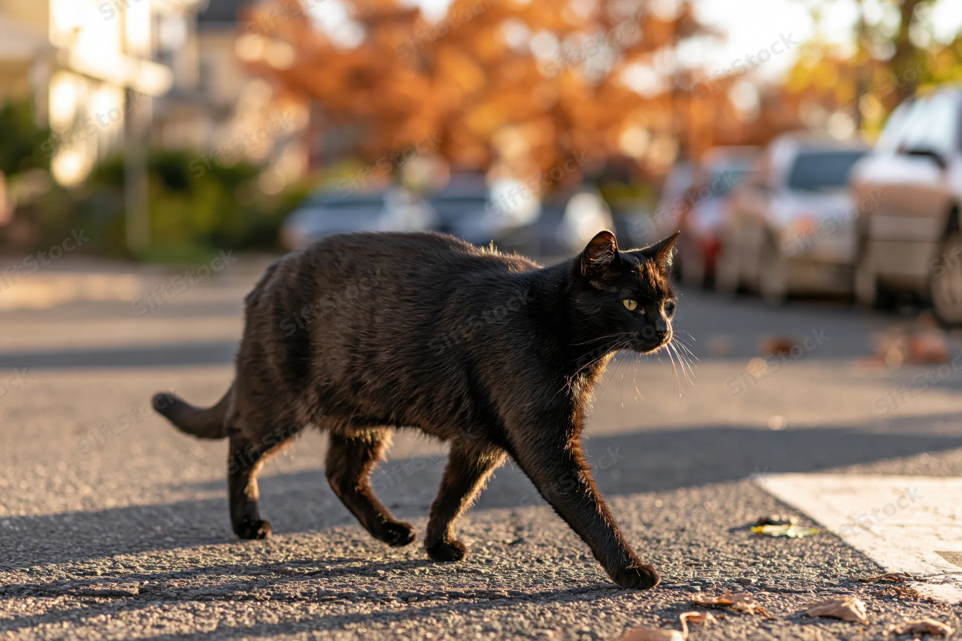 Black cat midstride crossing urban street glancing sideways in autumn sunlight