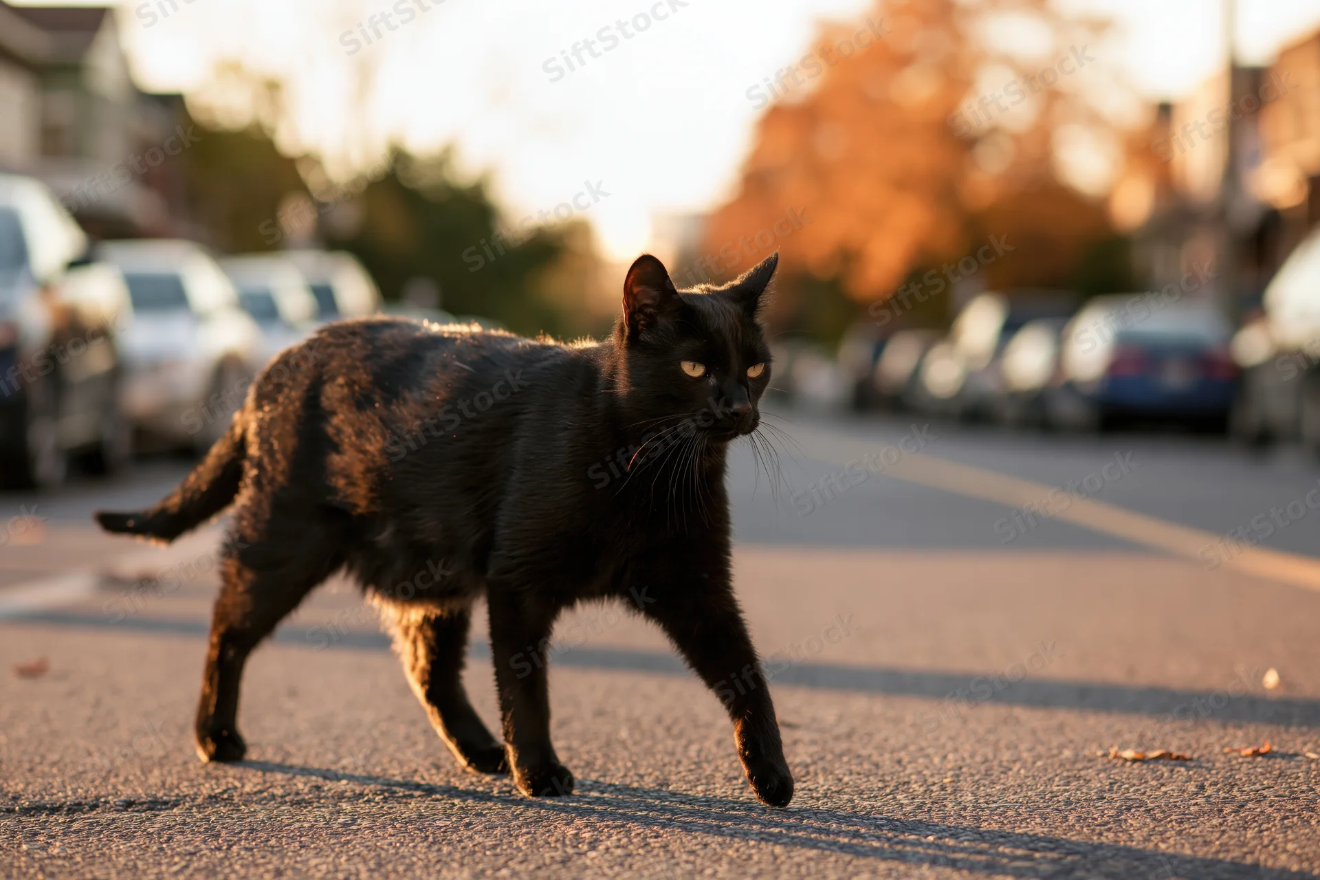 Black cat midstride crossing urban street at golden hour