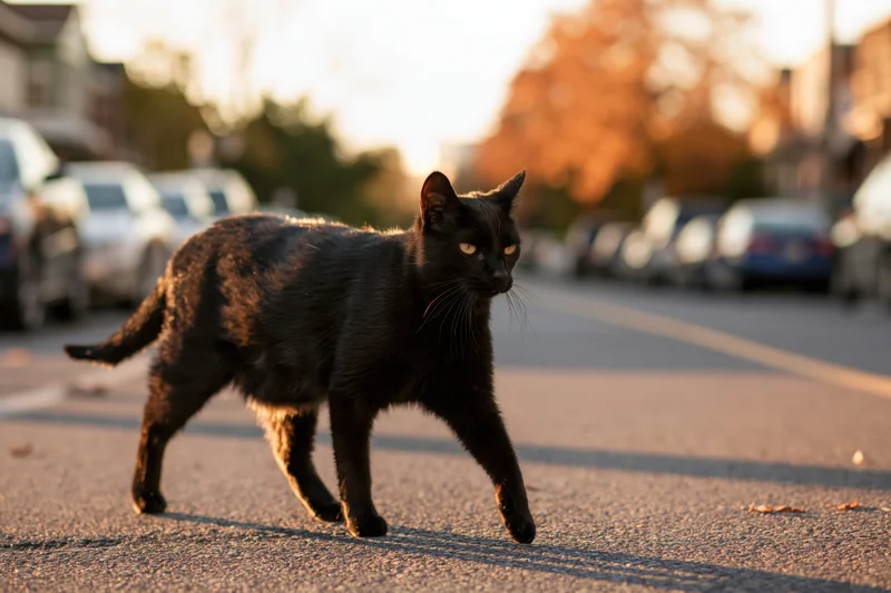 Black cat midstride crossing urban street at golden hour