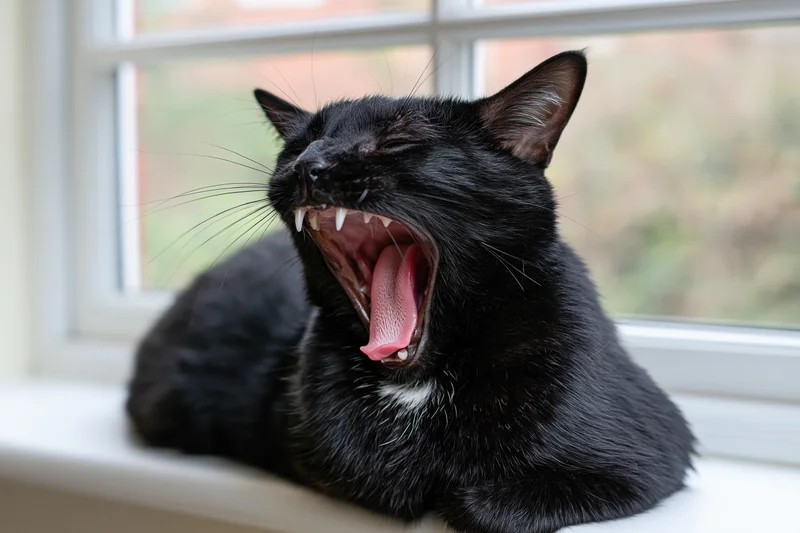 Black cat mid-yawn with mouth wide open on windowsill