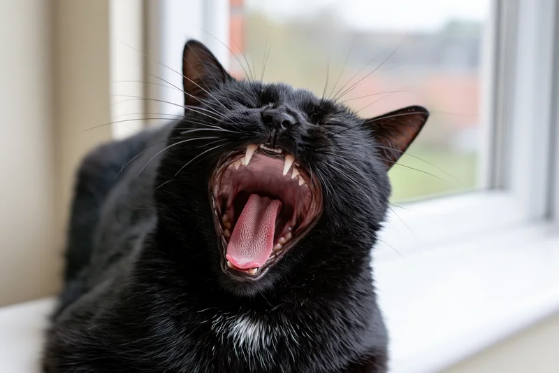 Black cat mid-yawn with mouth wide open on windowsill