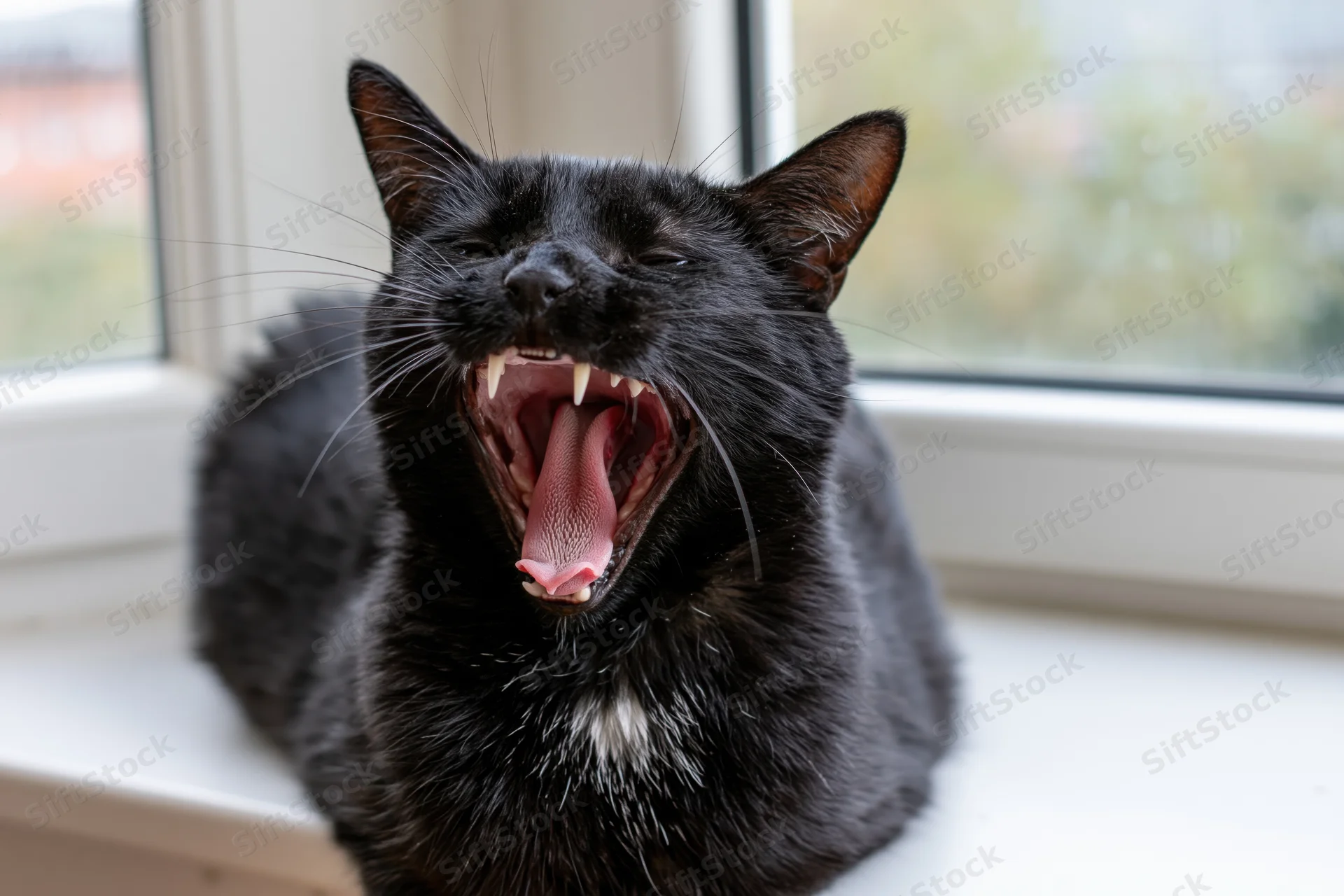 Black cat mid-yawn with mouth wide open on windowsill