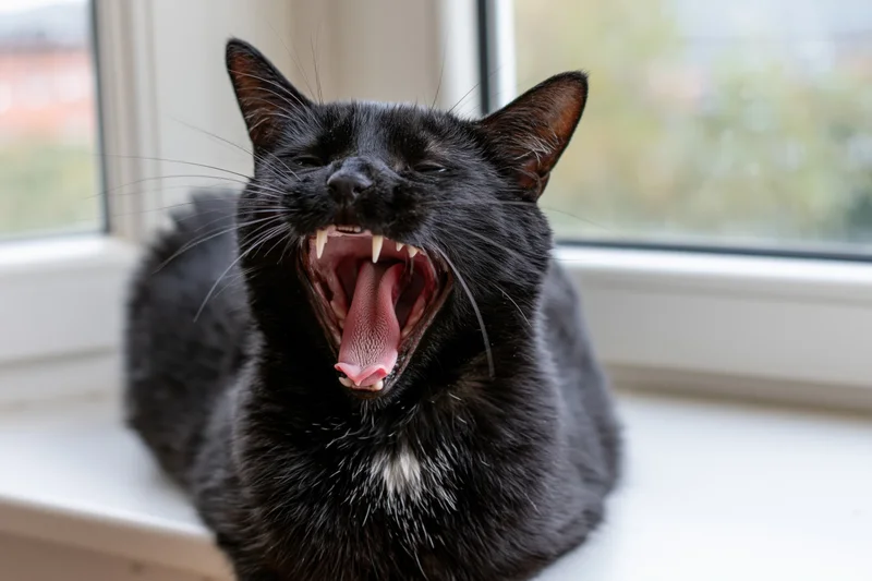 Black cat mid-yawn with mouth wide open on windowsill