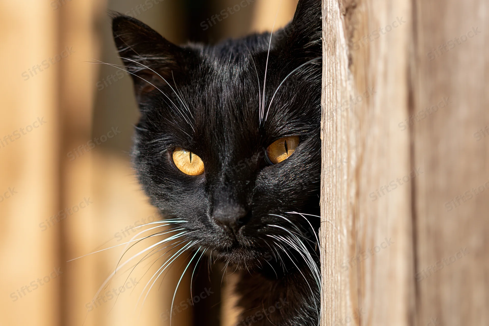Black cat peeking from behind wooden fence post outdoors