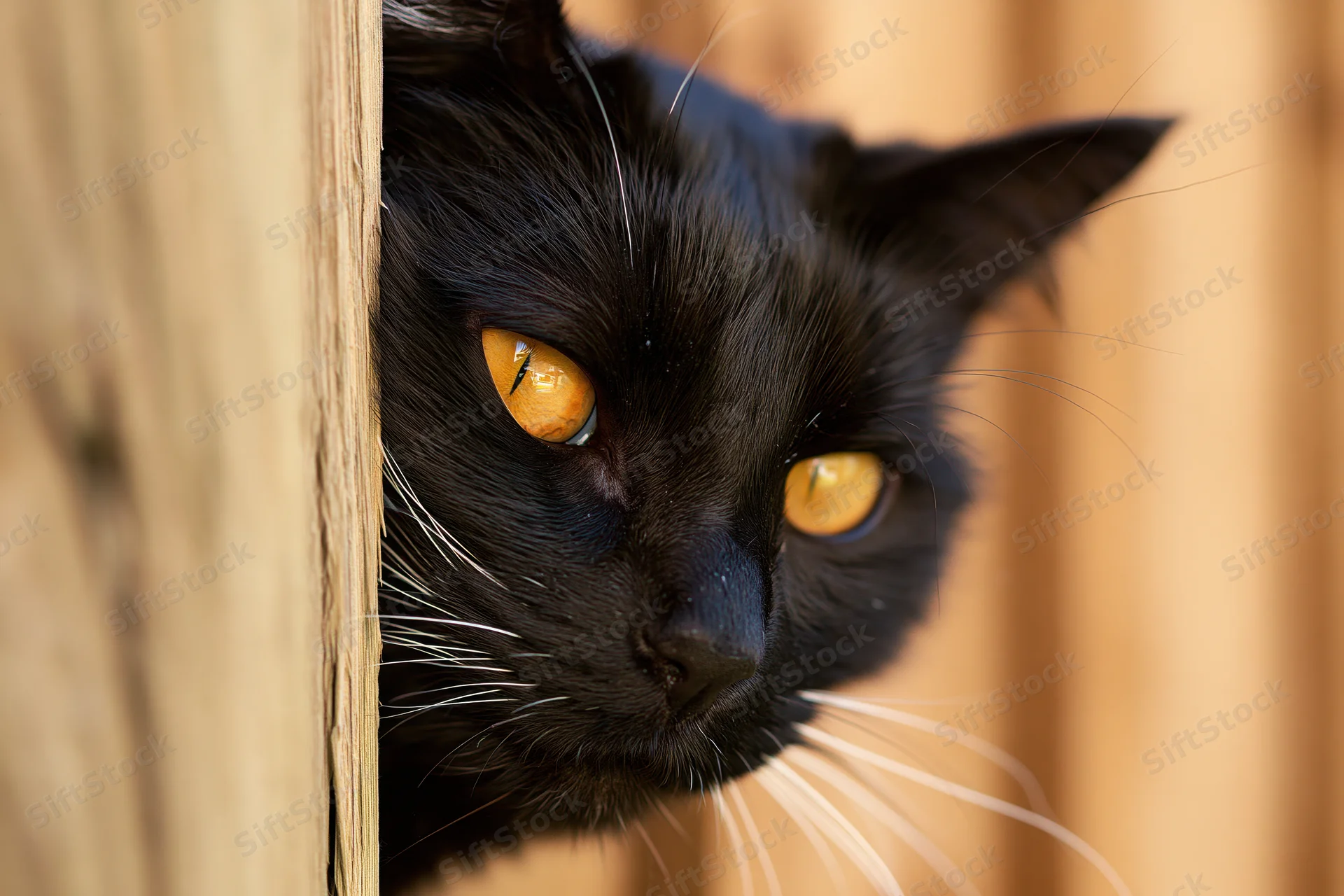 Black cat peeking from behind wooden fence post outdoors