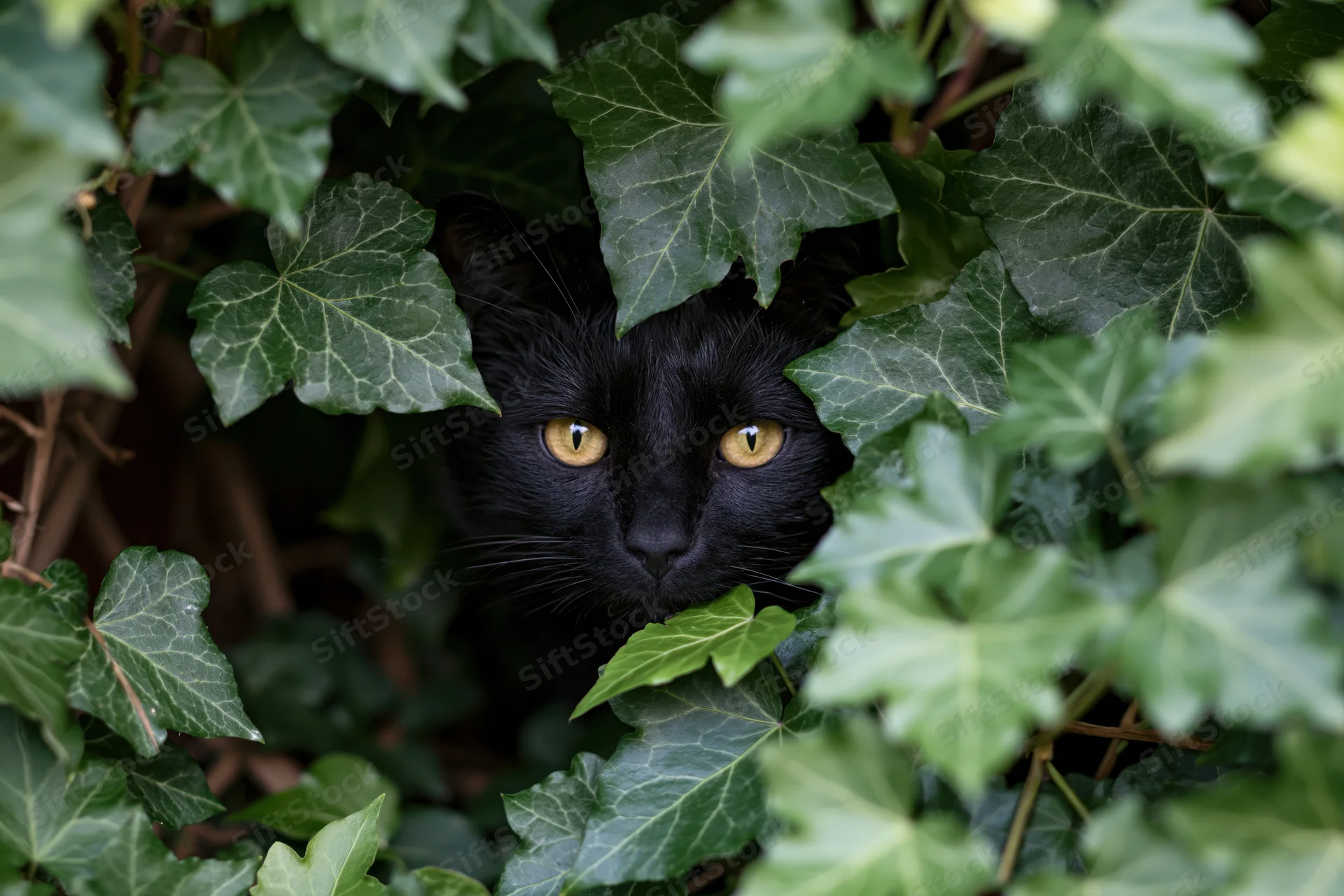 Black cat peering through dense green ivy bush with yellow eyes centered in frame