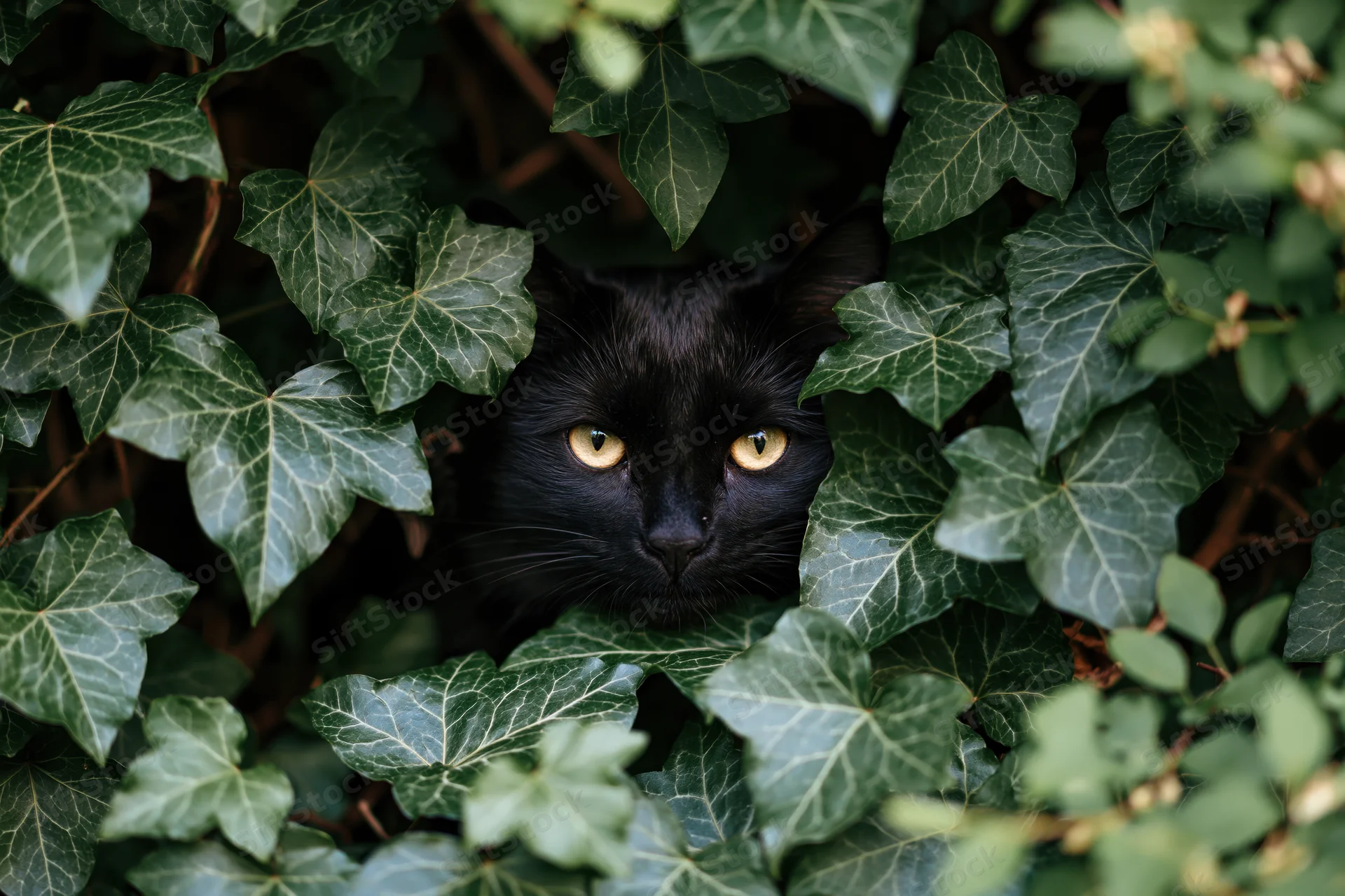 Black cat peering through dense green ivy bush with yellow eyes centered in frame