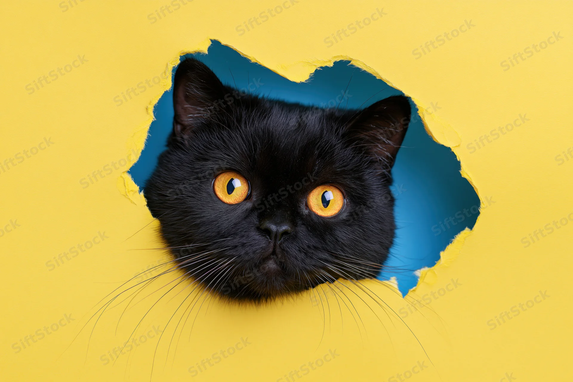 Black cat peeking through torn hole in bright yellow paper background