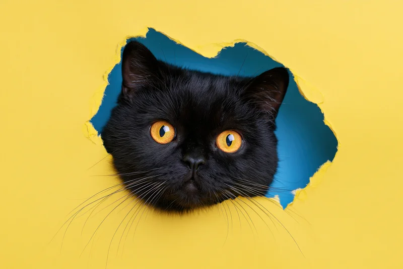Black cat peeking through torn hole in bright yellow paper background