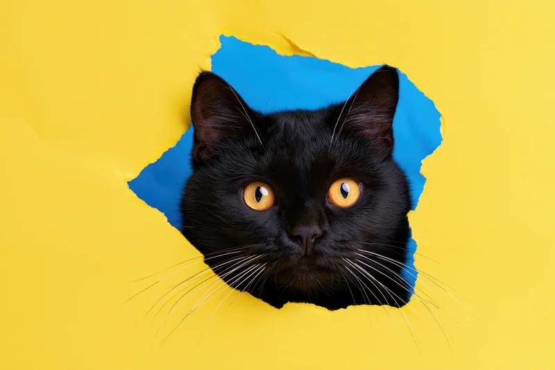 Black cat peeking through torn hole in bright yellow paper with blue background