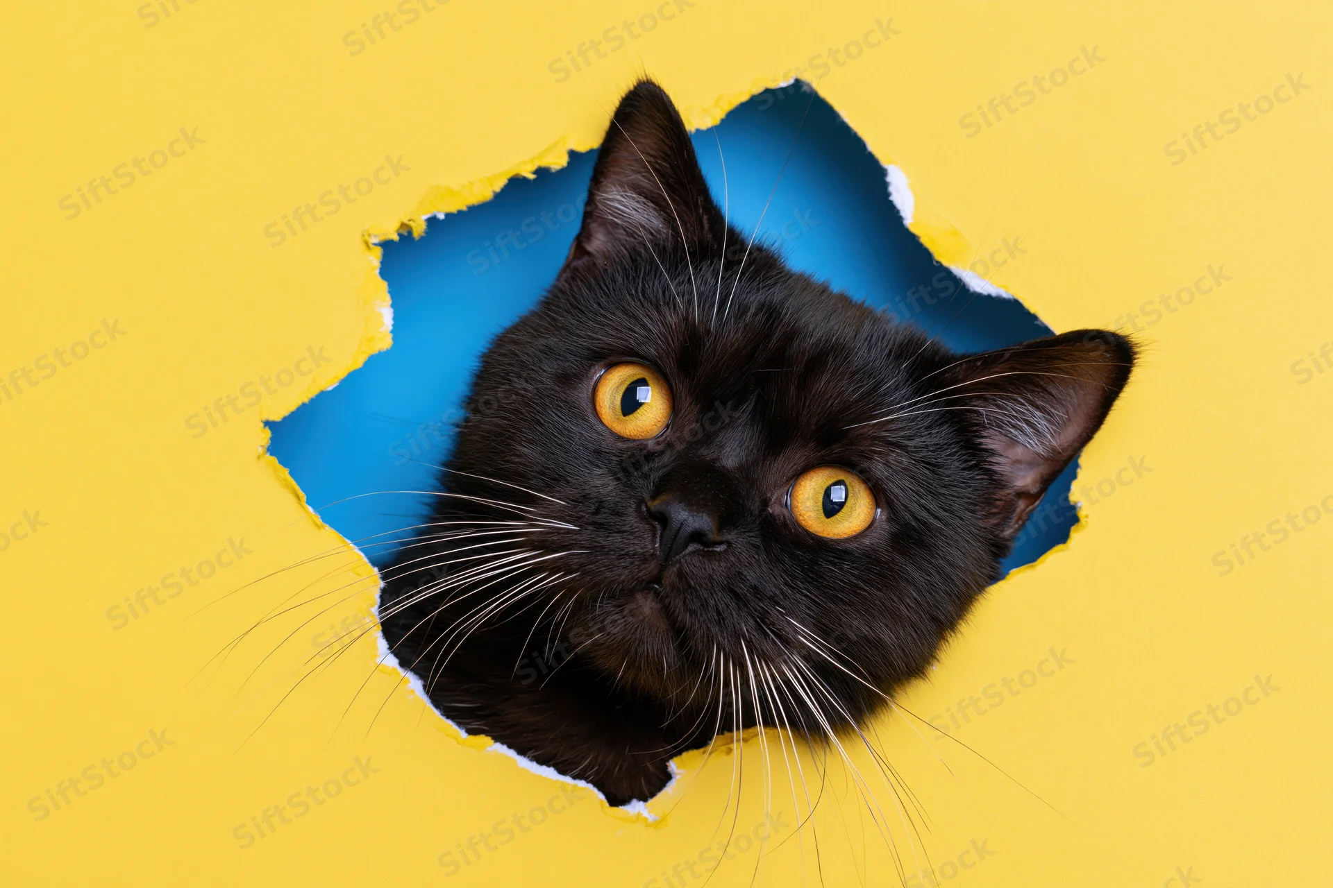 Black cat peeking through torn hole in yellow paper with blue background