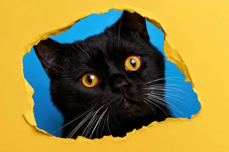 Black cat peeking through a torn hole in bright yellow paper with blue background