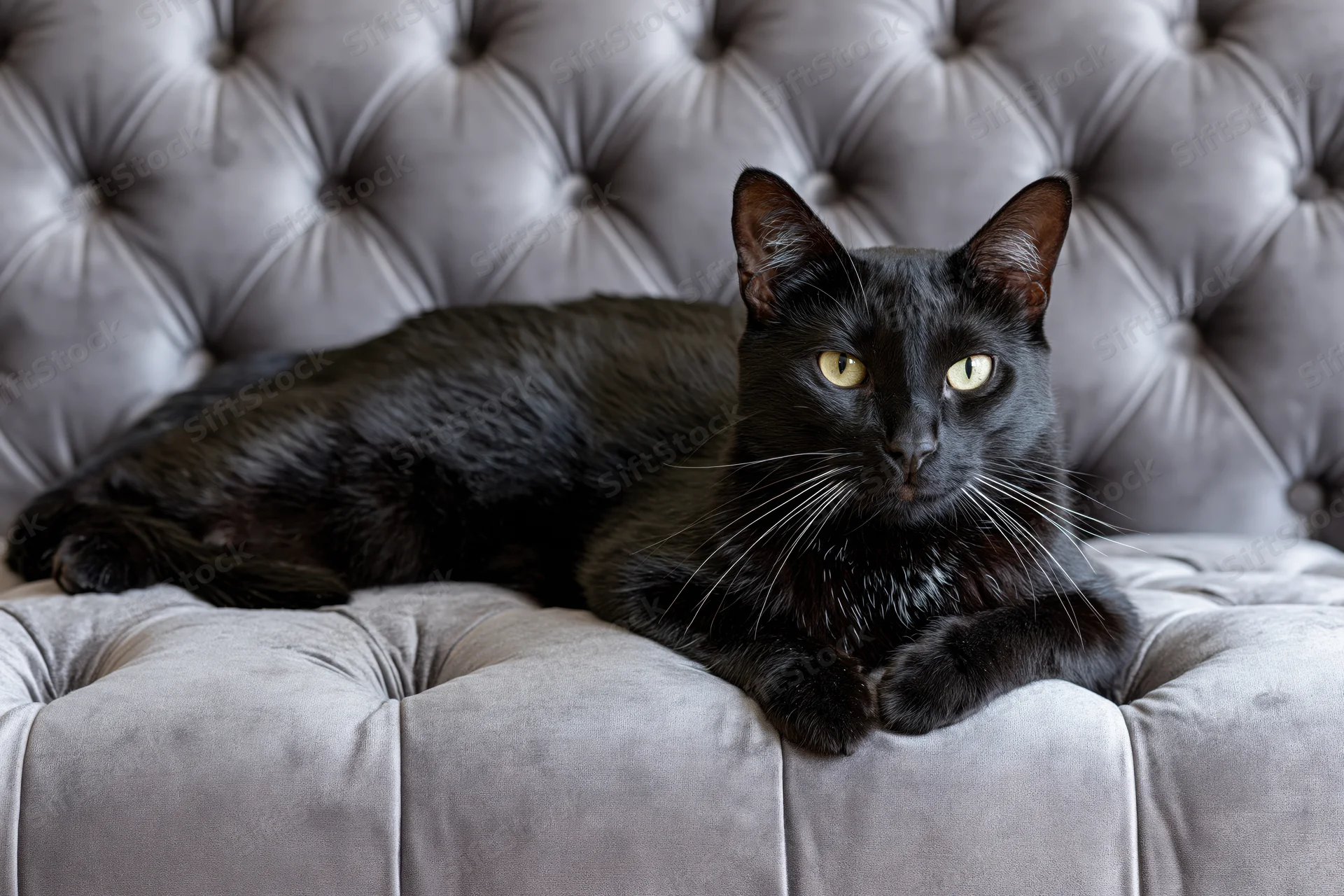 Black cat resting on grey tufted velvet sofa with alert yellow eyes