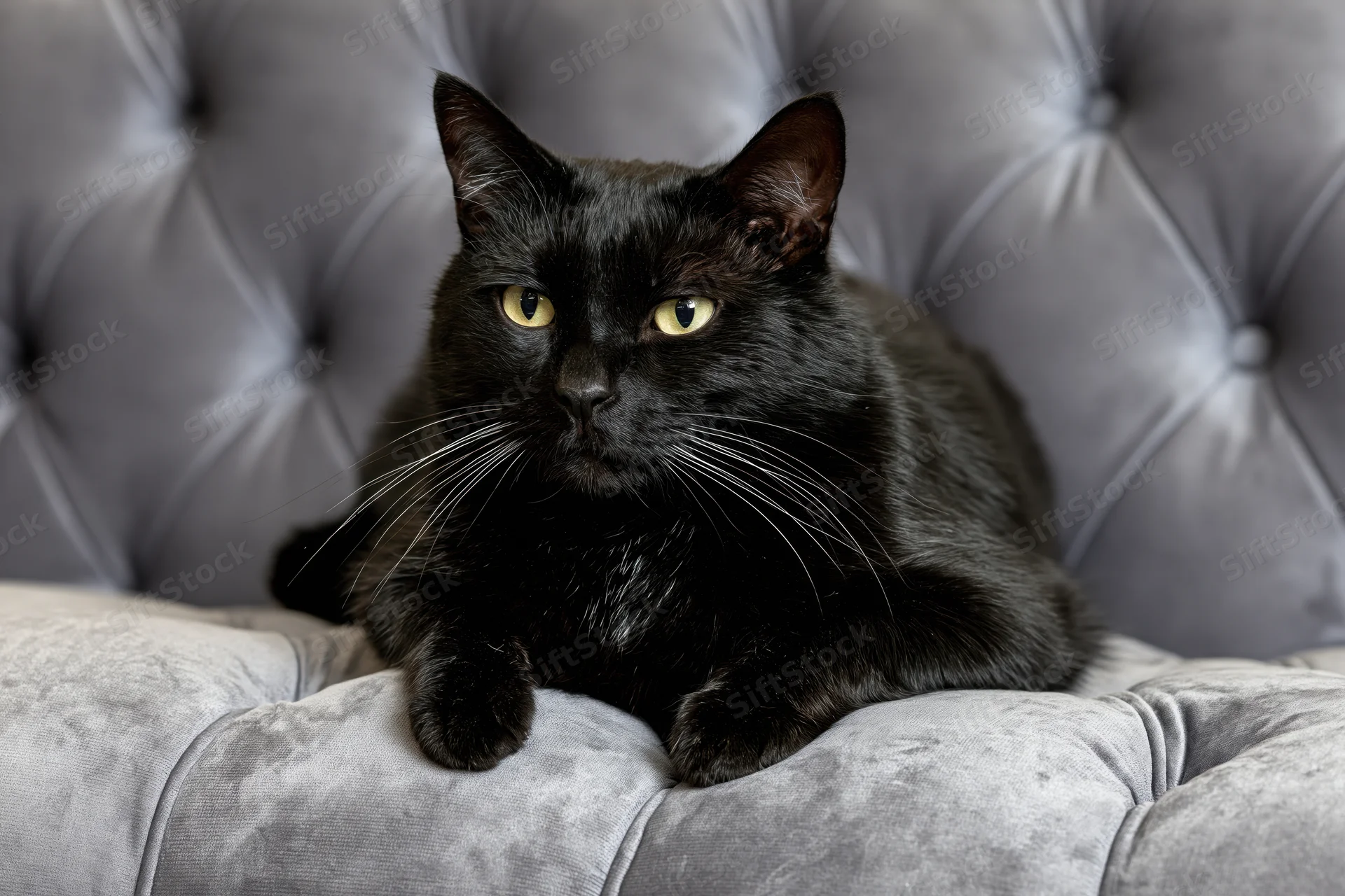 Black cat resting on grey tufted velvet sofa