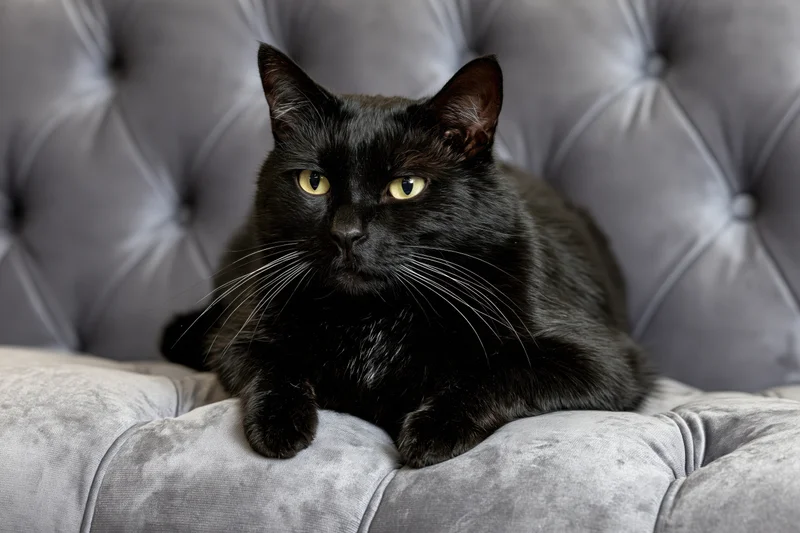 Black cat resting on grey tufted velvet sofa
