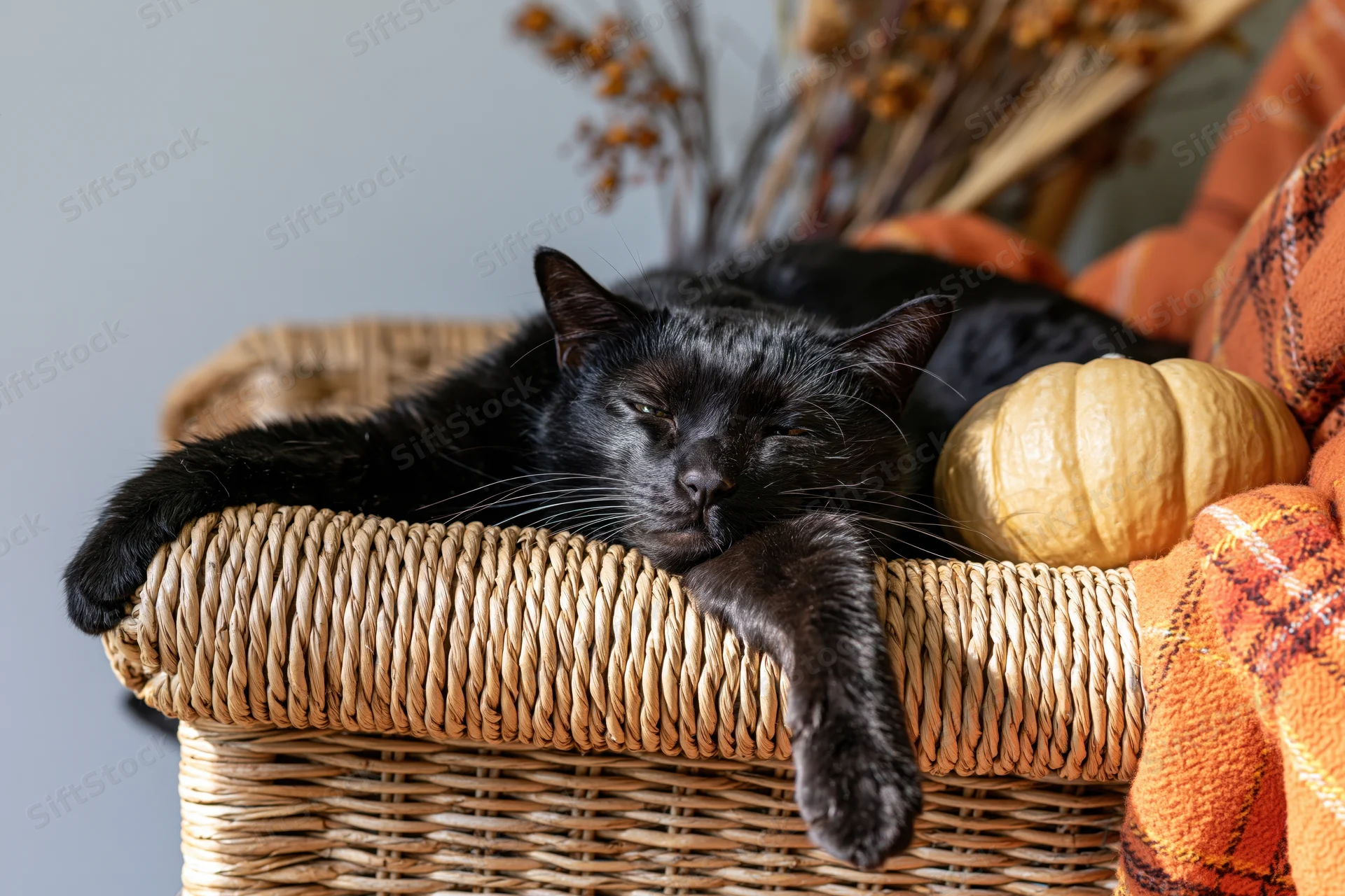 Black cat sleeping with eyes half-closed on a wicker armchair surrounded by autumn decor