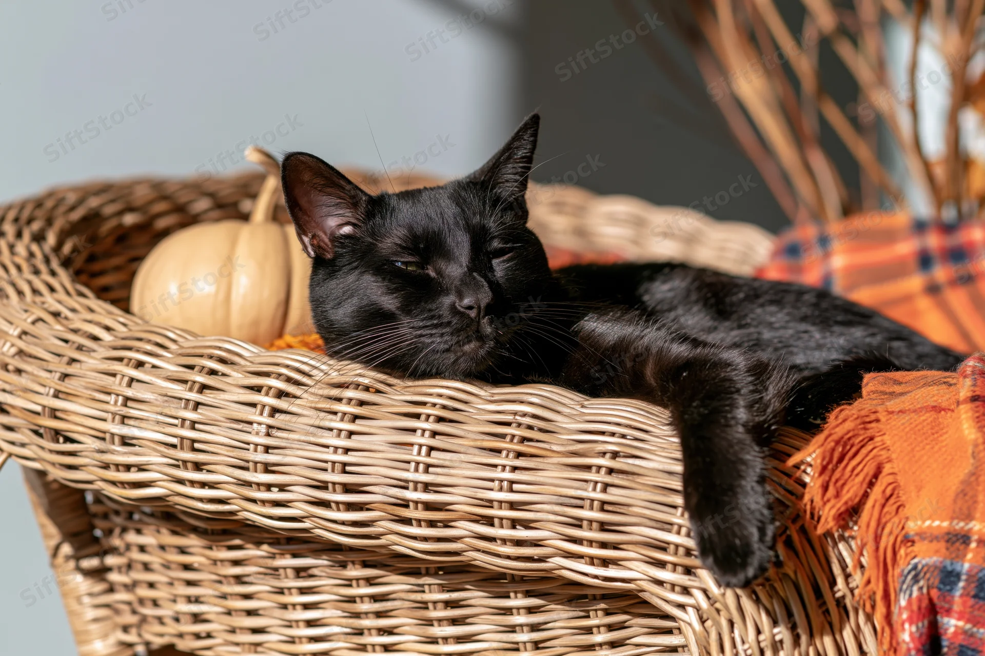 Black cat resting with eyes half-closed on a wicker armchair surrounded by autumn decorations