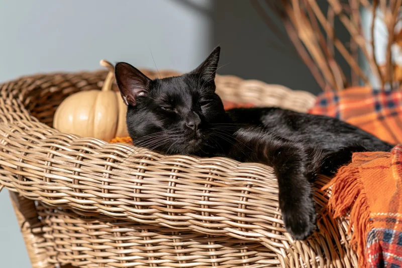 Black cat resting with eyes half-closed on a wicker armchair surrounded by autumn decorations