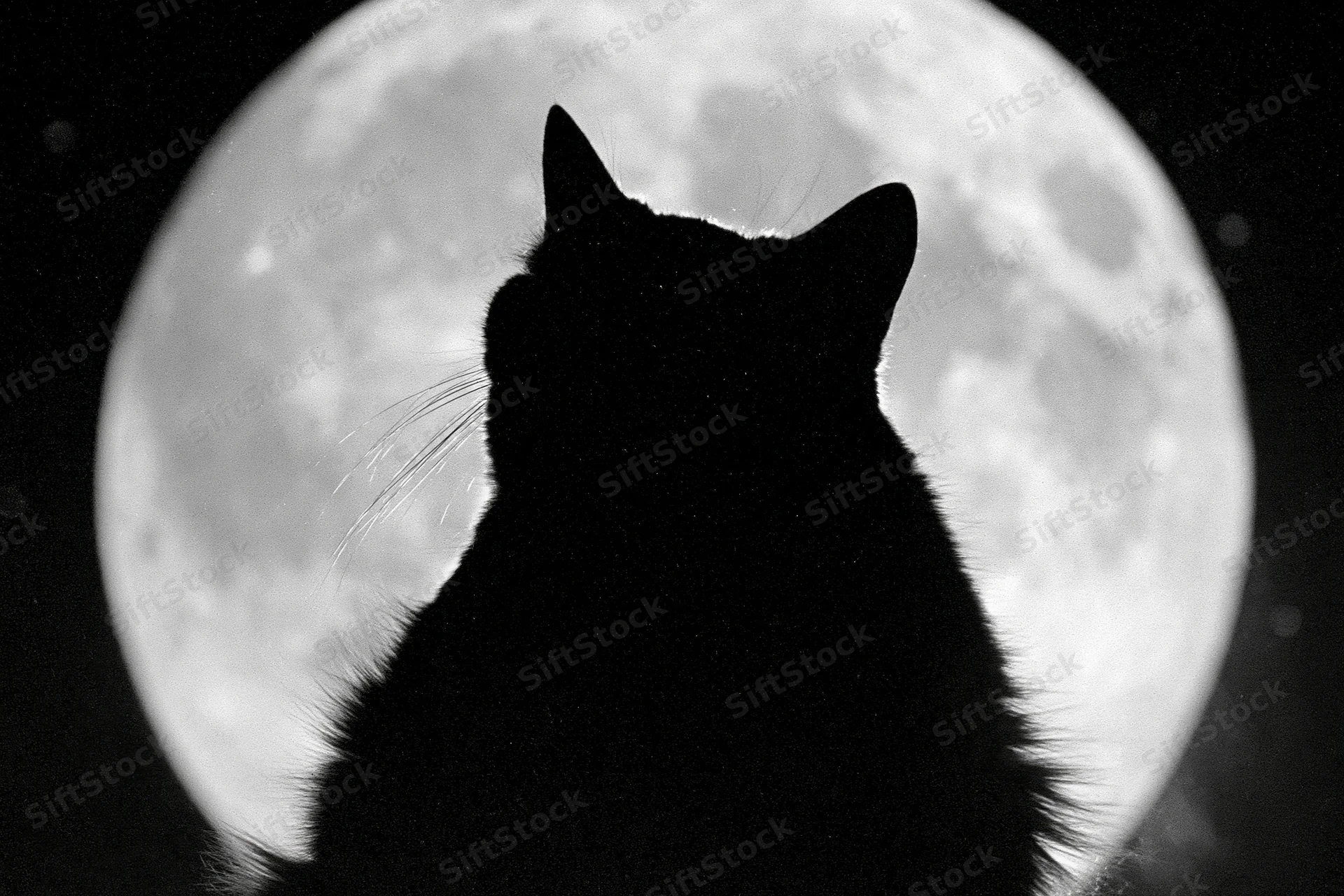 Black cat silhouette gazing upward against a large full moon at night