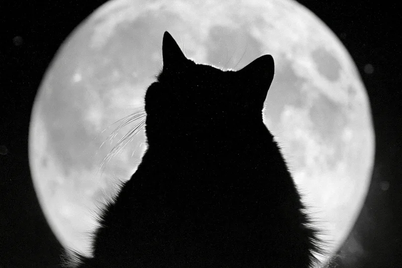 Black cat silhouette gazing upward against a large full moon at night