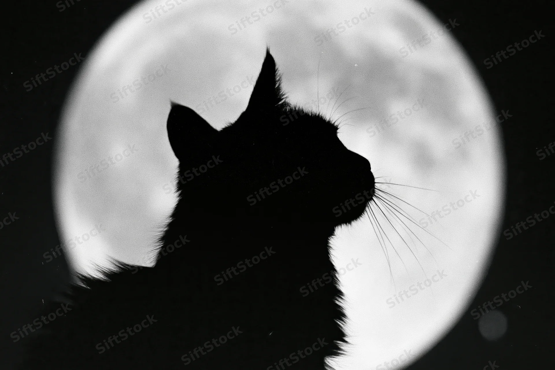 Black cat silhouette gazing upward against a large full moon at night