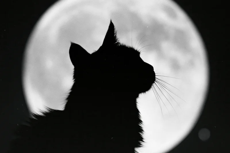 Black cat silhouette gazing upward against a large full moon at night