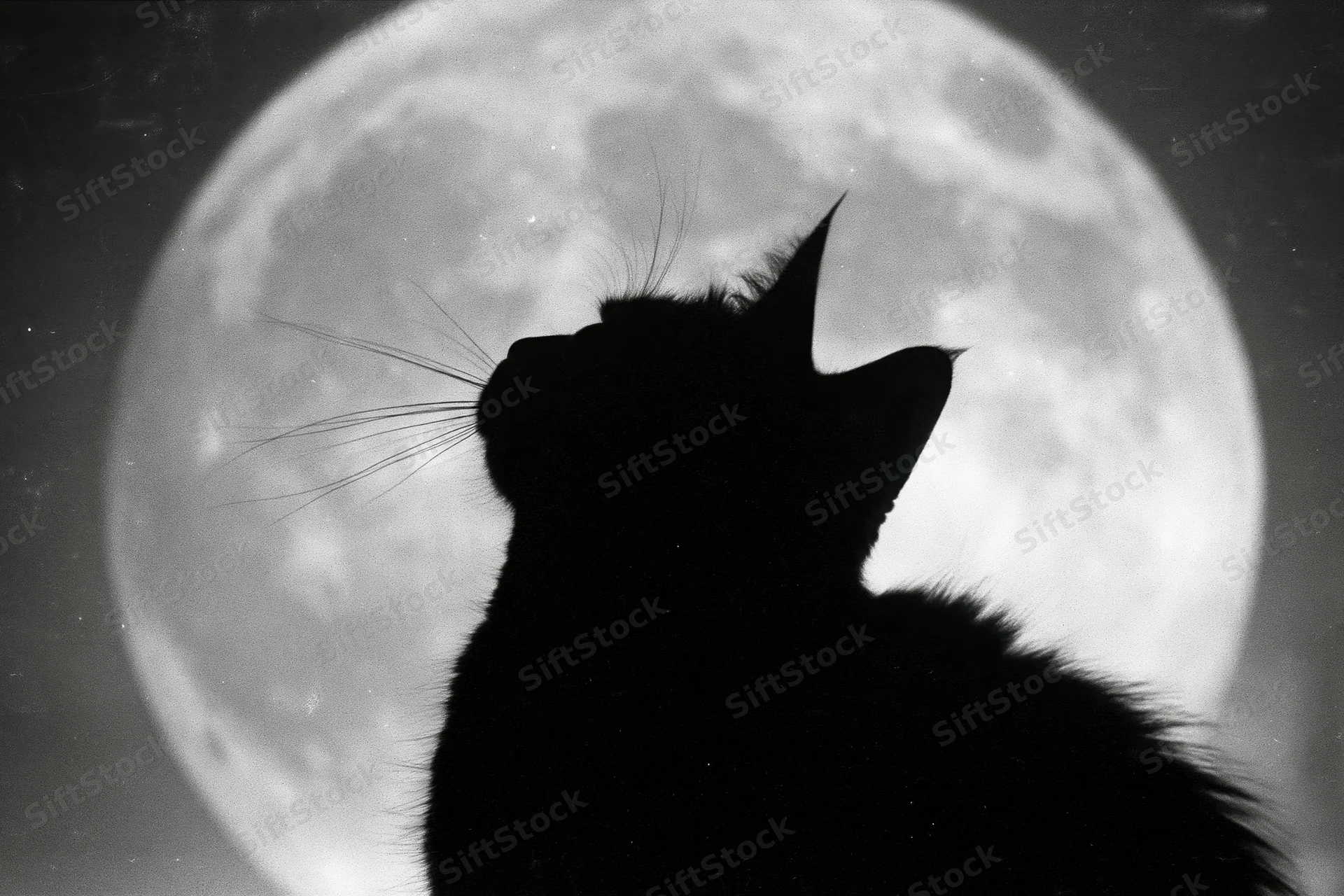 Black cat silhouette gazing upward against a large full moon in the night sky