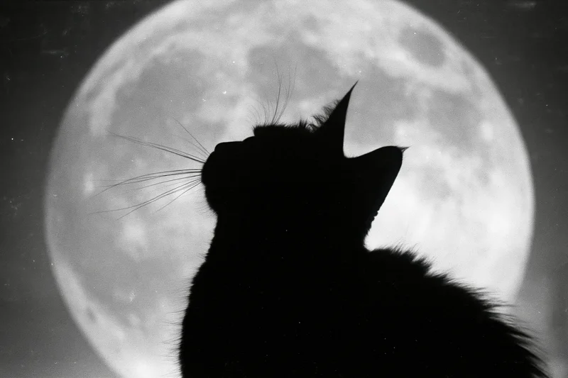 Black cat silhouette gazing upward against a large full moon in the night sky