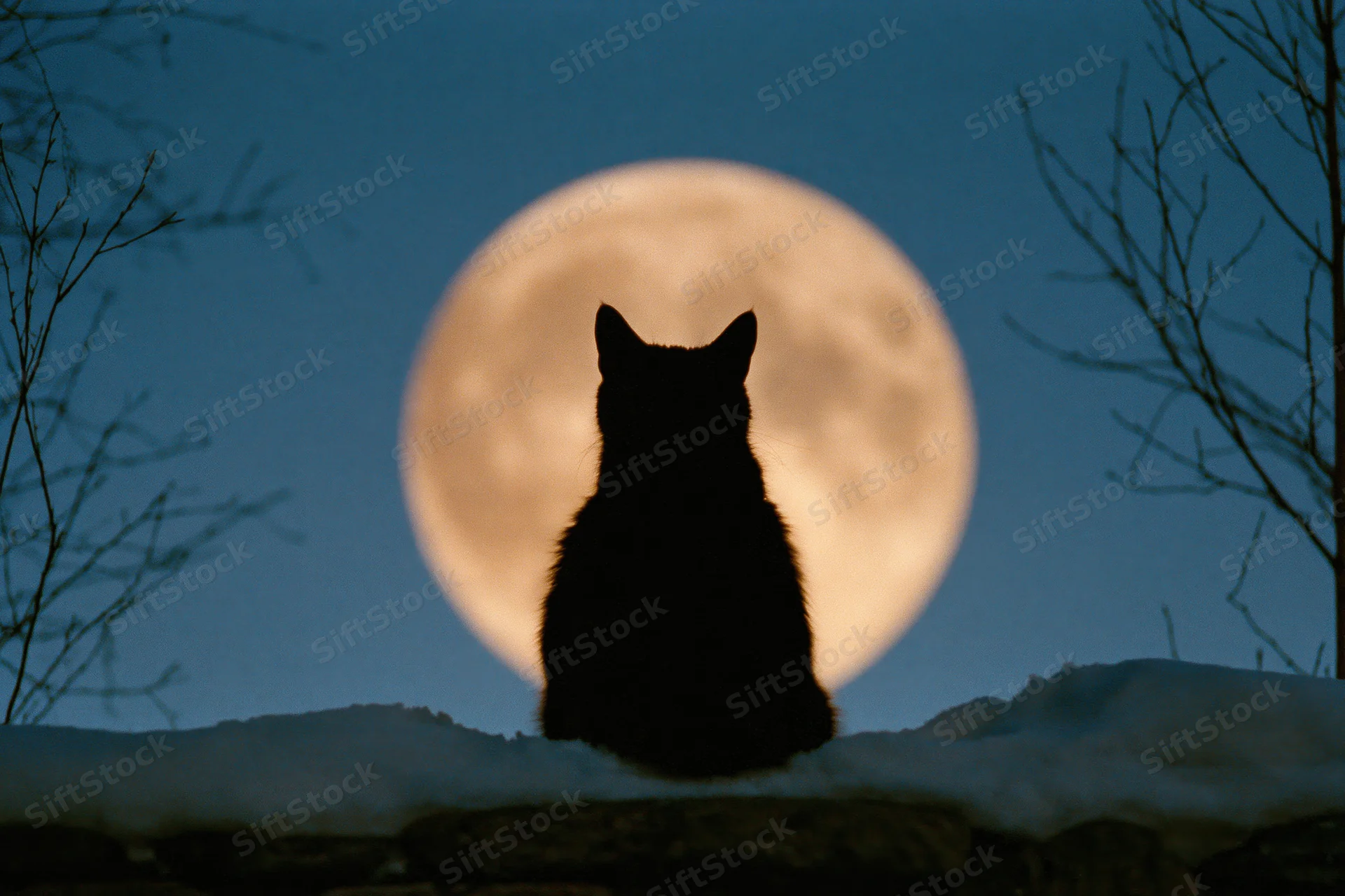 Black cat silhouette sitting on snow-covered ground facing full moon at night