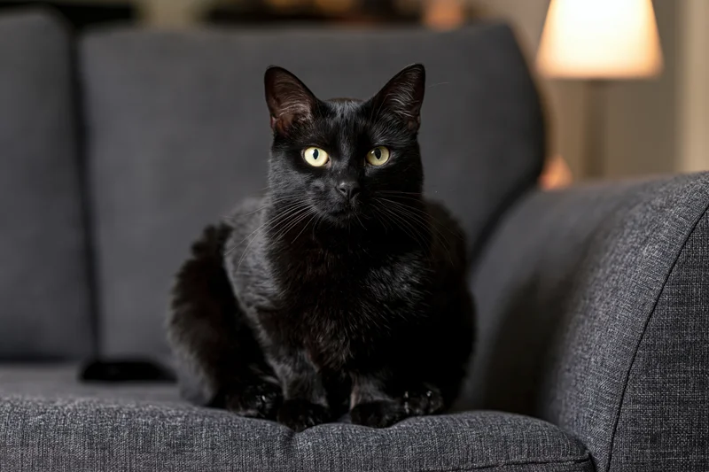 Black cat sitting alert on dark grey upholstered sofa in living room interior