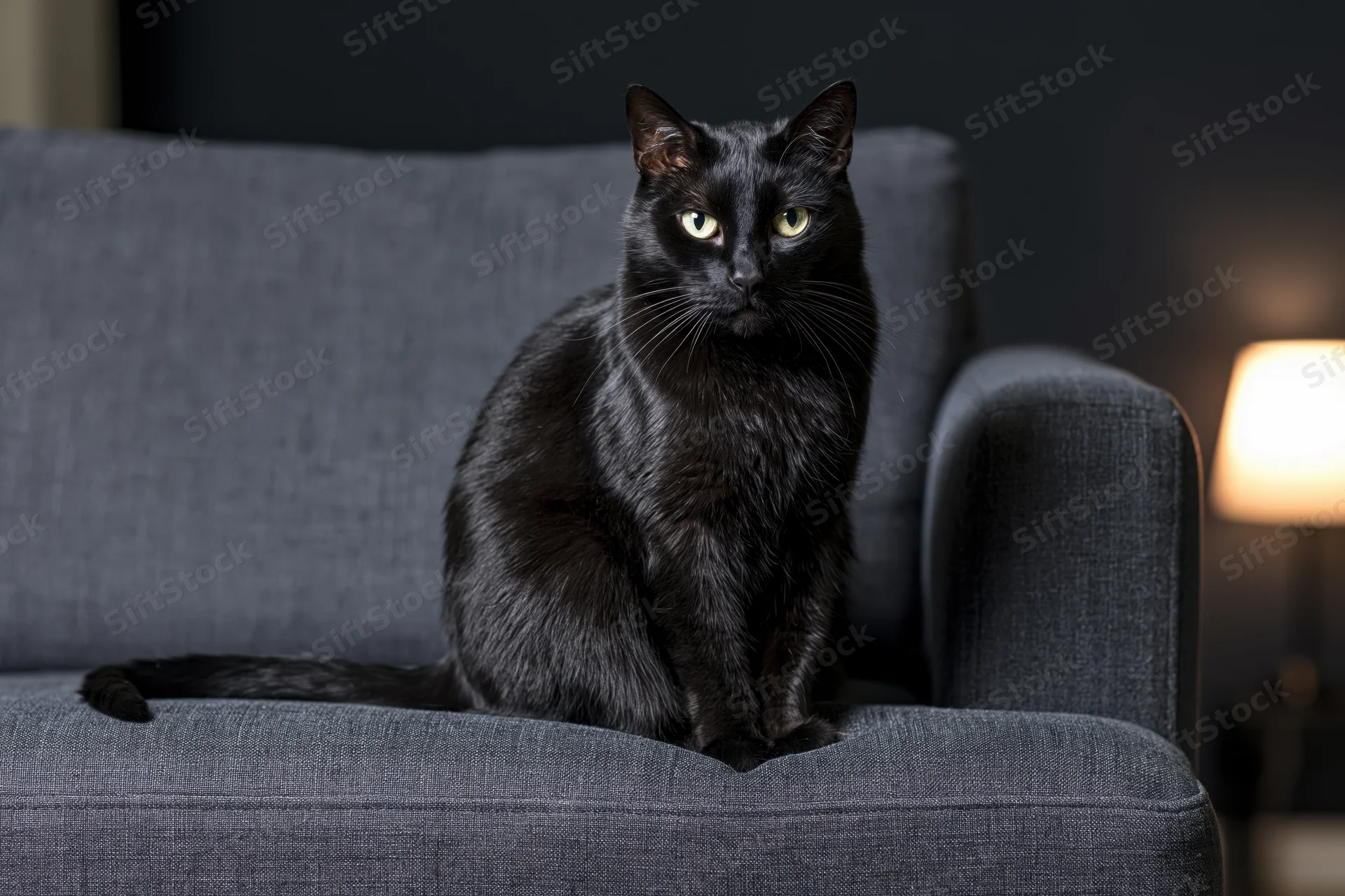 Black cat sitting alert on dark grey upholstered sofa facing forward in dimly lit living room