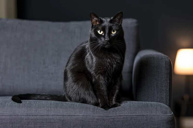 Black cat sitting alert on dark grey upholstered sofa facing forward in dimly lit living room