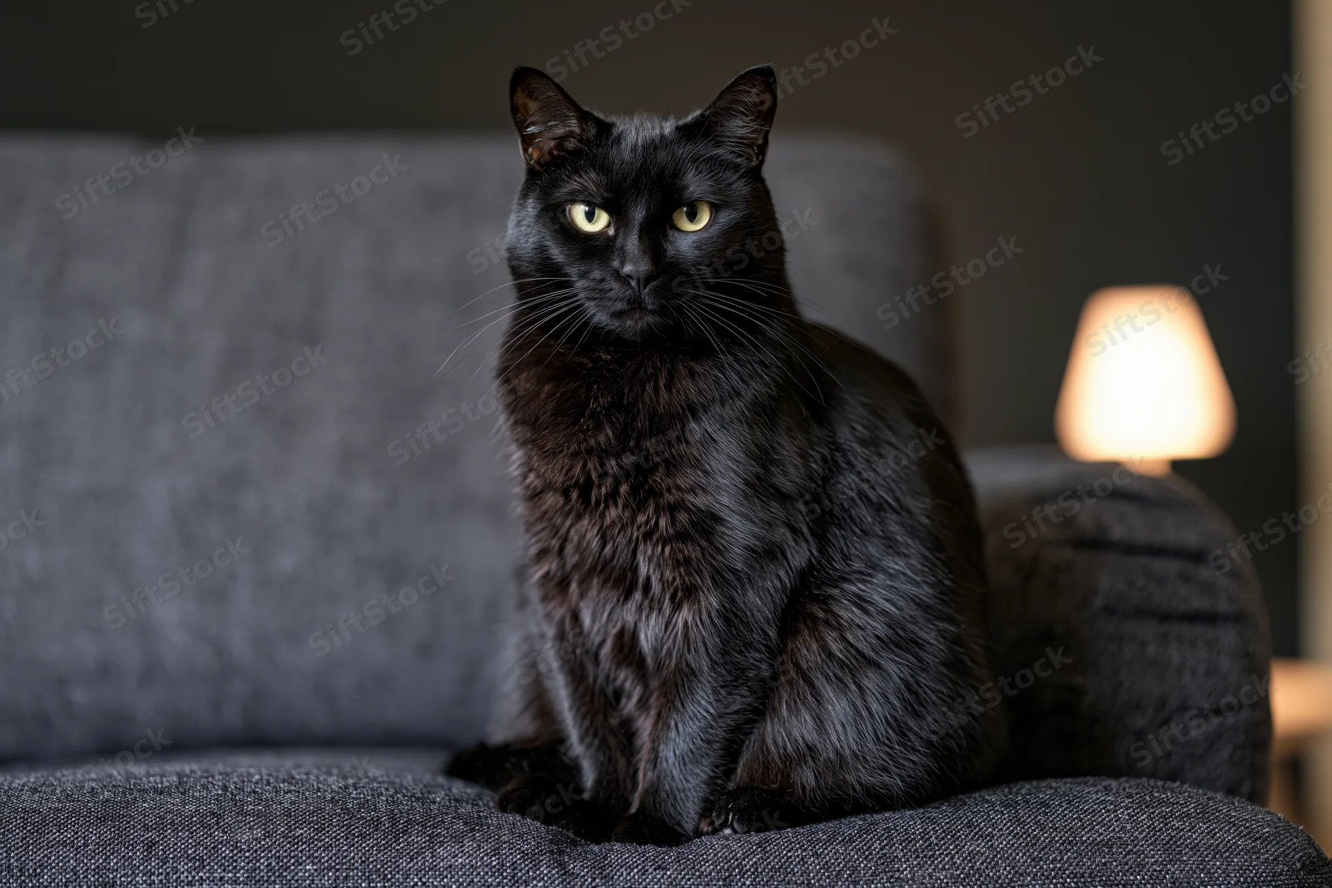 Black cat sitting alert on dark grey upholstered sofa indoors
