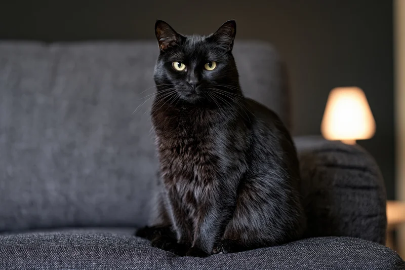 Black cat sitting alert on dark grey upholstered sofa indoors