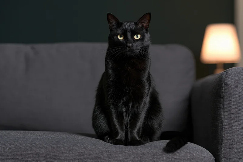 Black cat sitting alert on dark grey sofa facing forward in living room with lamp light in background