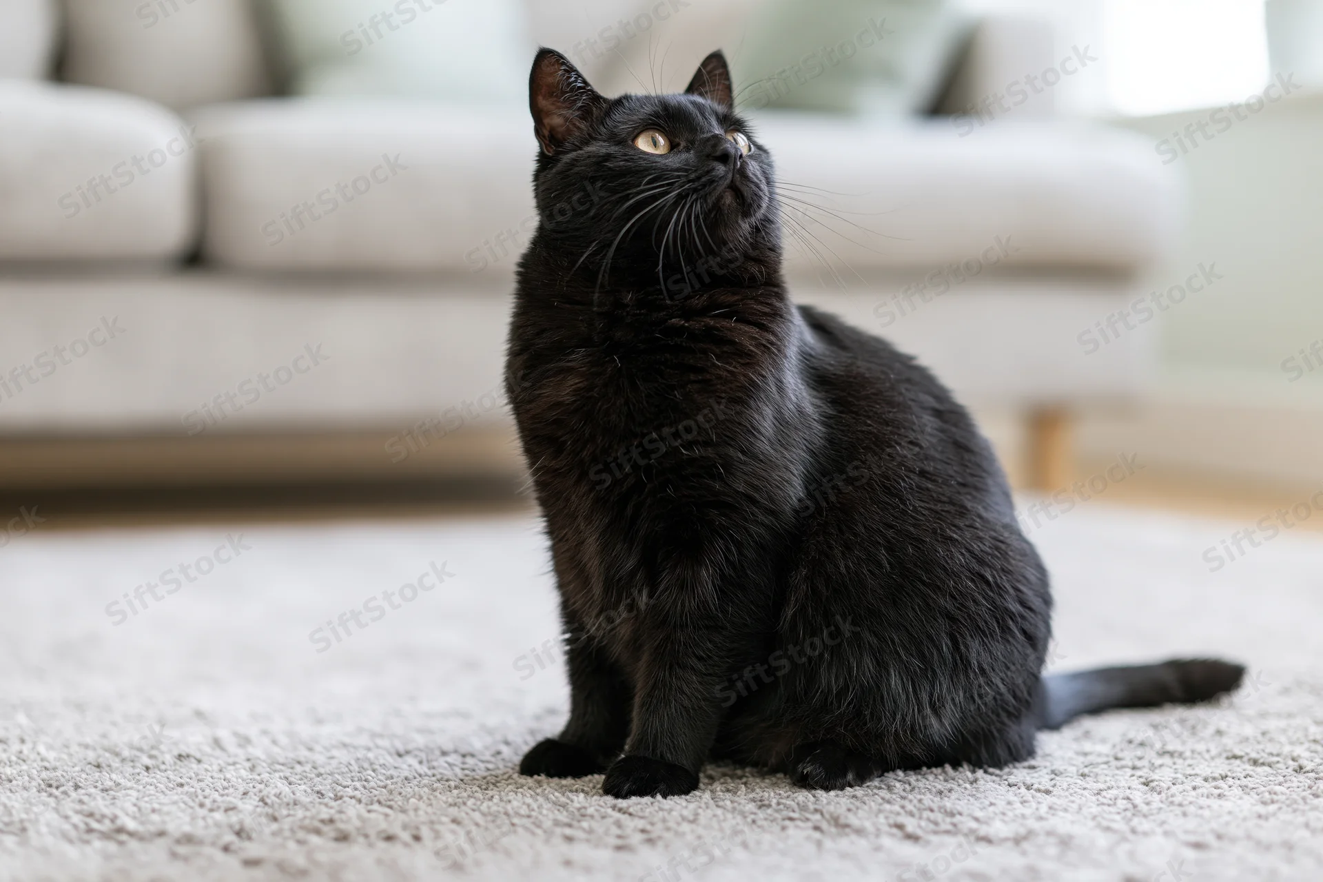 Black cat sitting on light grey carpet looking upward in living room