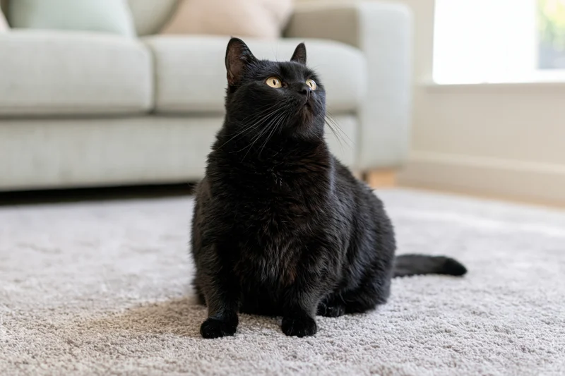Black cat sitting on light grey carpet looking upward in living room