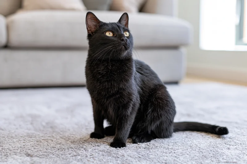 Black cat sitting on light grey carpet looking upward in living room