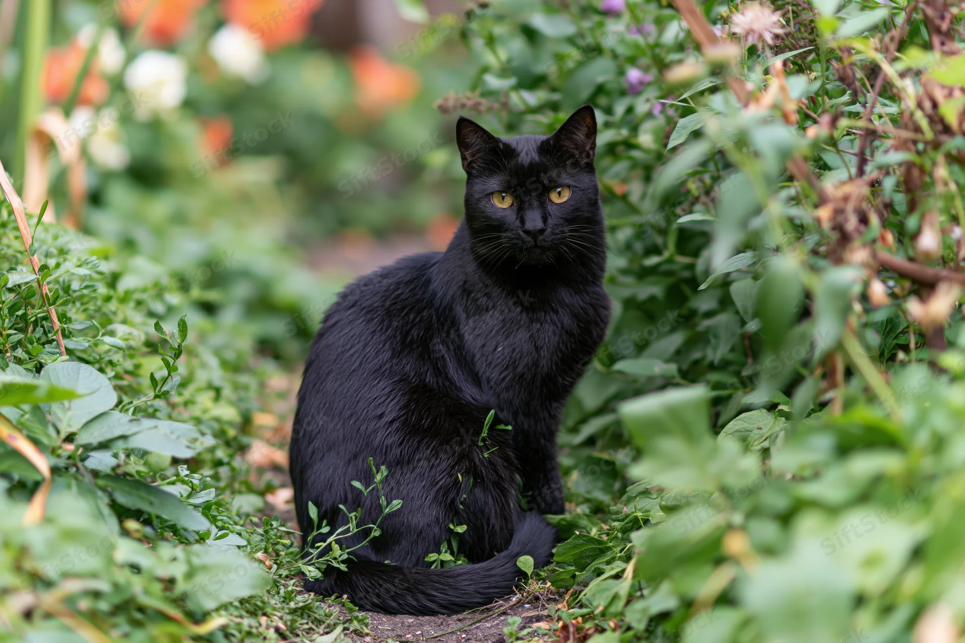 Black cat sitting on a garden path surrounded by green foliage and plants, looking directly at camera
