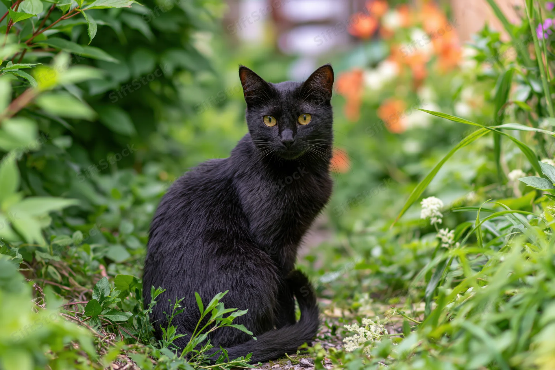 Black cat sitting on a garden path turning to look at camera surrounded by green foliage and flowers