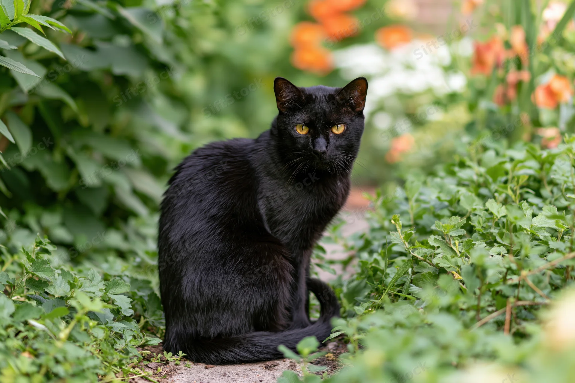Black cat sitting on a narrow garden path turning to look directly at camera surrounded by green foliage and orange flowers