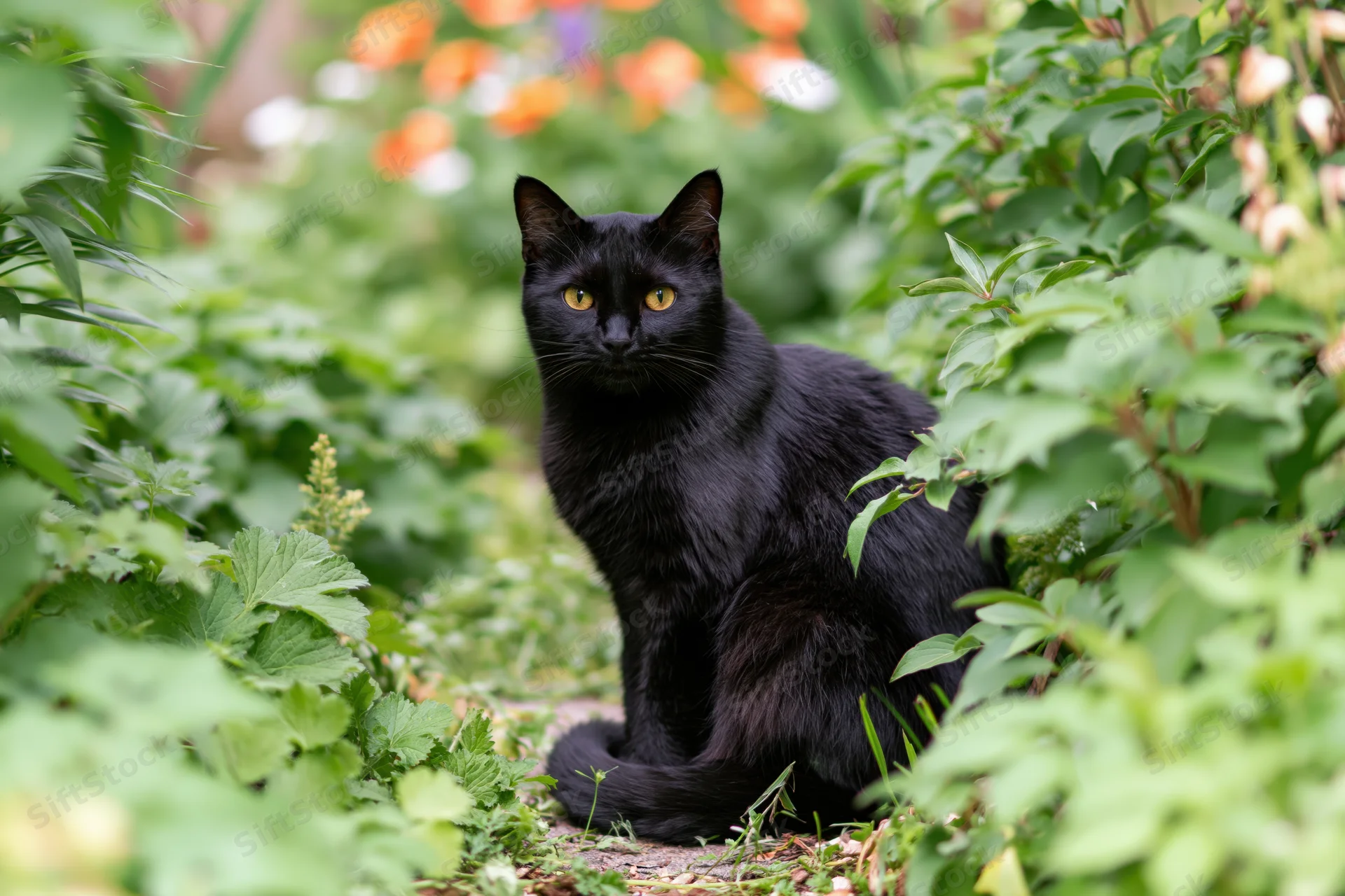 Black cat sitting on a garden path surrounded by green foliage looking directly at camera