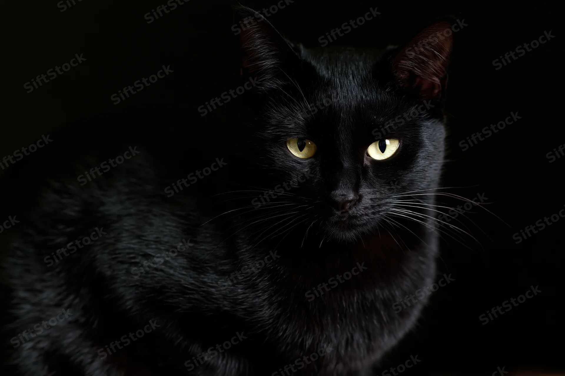 Black cat gazing directly at camera in dark studio setting